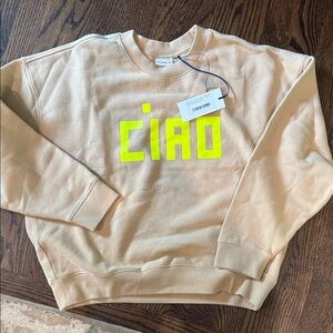 Clare V Tan Crewneck with Neon Yellow 'Ciao'